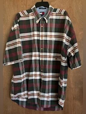 Vintage 1990's Tommy Hilfiger Button Down Plaid Short Sleeve Shirt Crest Logo XL